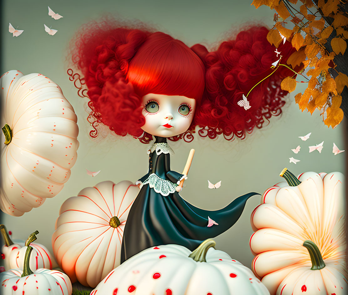 Whimsical character with red hair among white pumpkins and butterflies