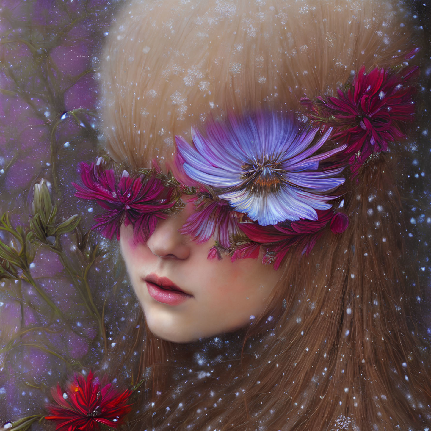 Person with Flower Eyes in Snowy Scene: Floral-Wintry Fusion
