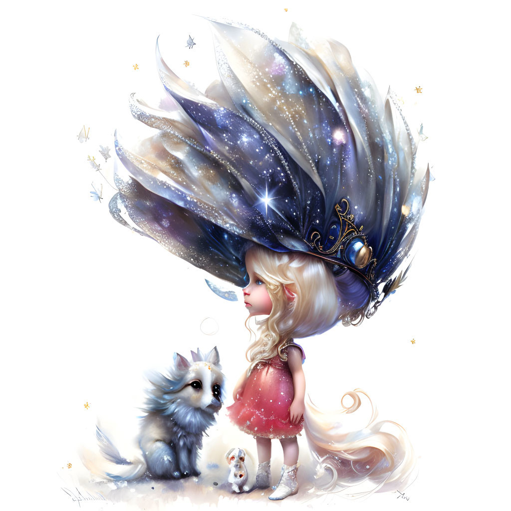 Whimsical illustration of girl with oversized starry hat and fluffy dog