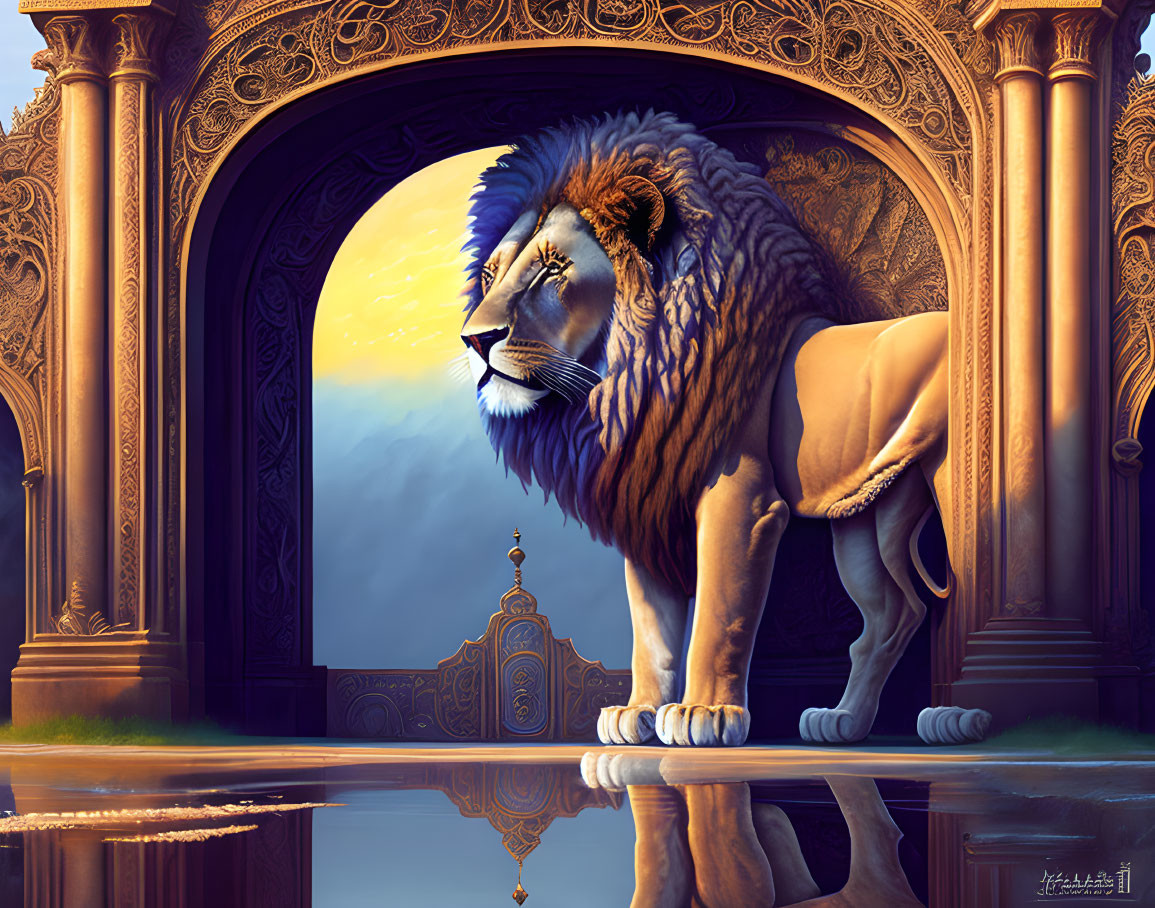 Majestic lion in ornate gateway at sunset with reflection