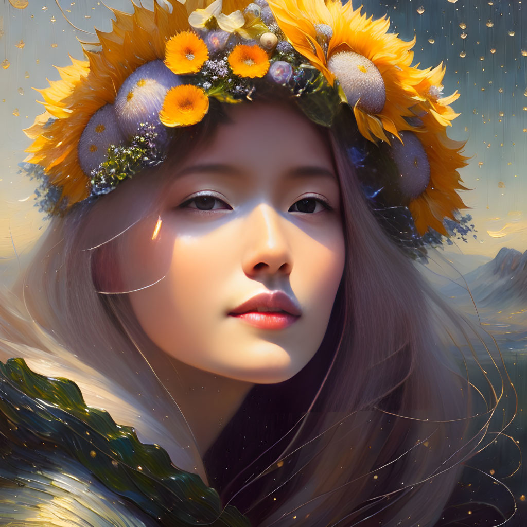 Woman Portrait with Floral Crown and Soft Light for Serene Atmosphere