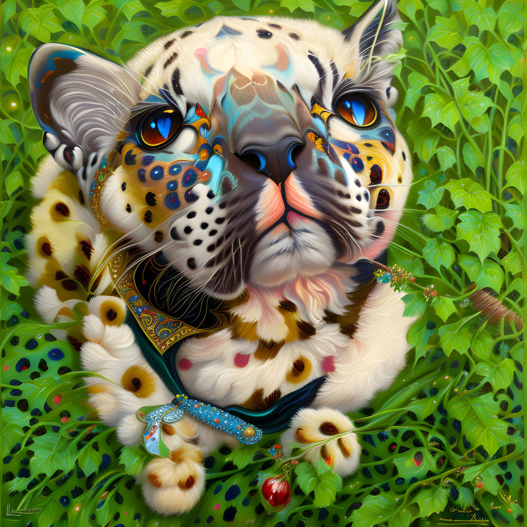 Colorful whimsical leopard illustration with decorative patterns and lush greenery