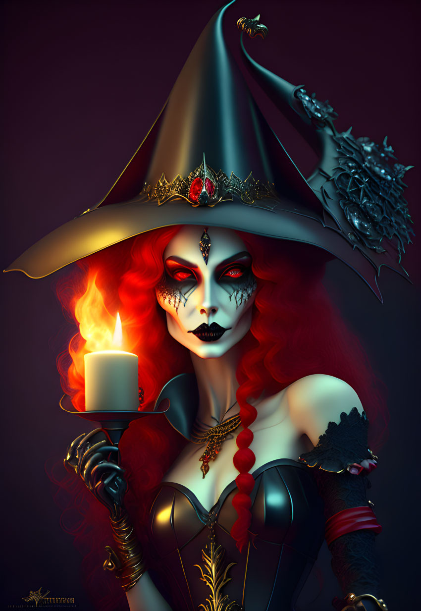 Red-haired witch illustration with large hat and candle in gothic attire.