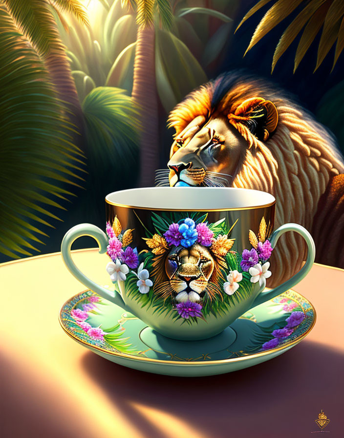 Illustration of lion reflected in tea cup with flowers, palm leaves, warm light