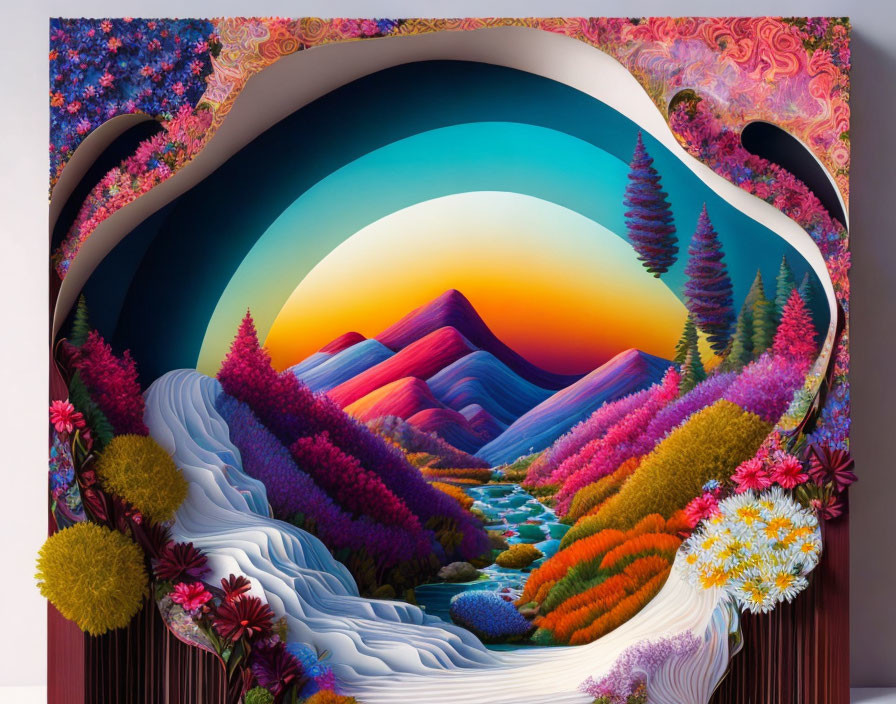 Colorful surreal landscape painting with rolling hills, river, flora, and twilight sky.