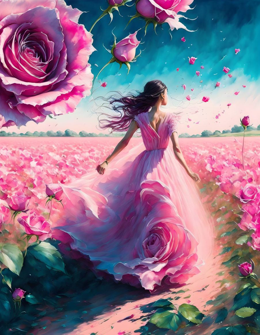 Woman in Pink Dress in Vibrant Rose Field