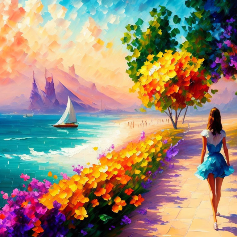 Colorful painting of woman on beach path with sailboat and castle.