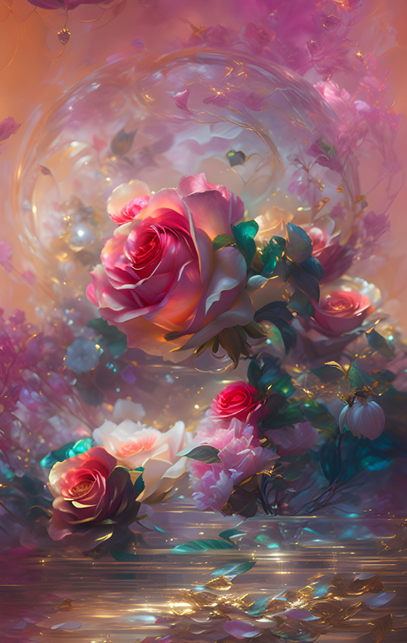 Swirling roses and luminous orbs in dreamy digital artwork