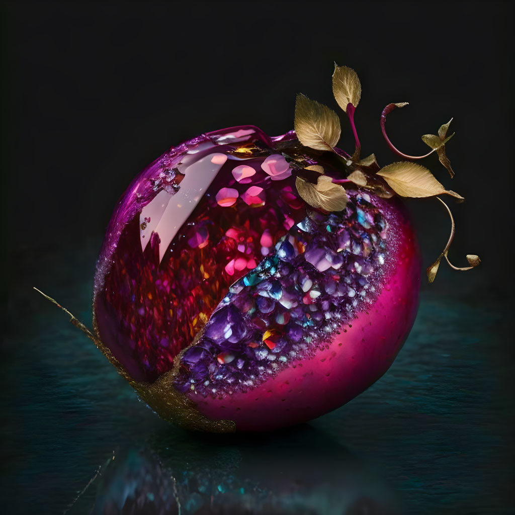 Glossy purple fantasy strawberry with crystal-like interior and gold leaves on dark background