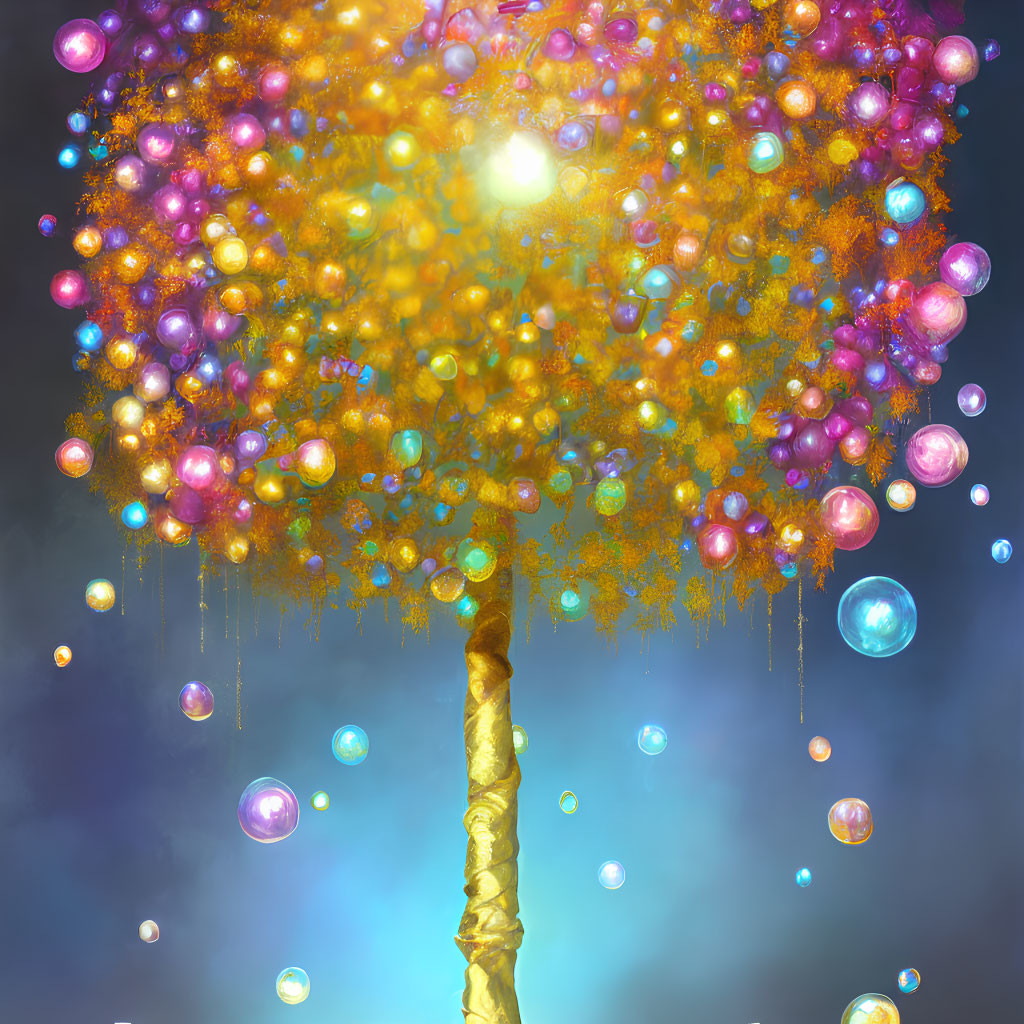 Golden tree with vibrant bubbles in purple, orange, and blue hues against mystical sky