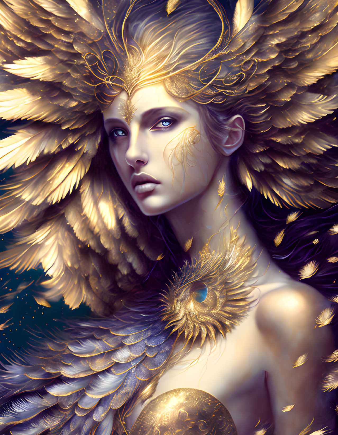 Golden-winged woman with ornate headpiece and peacock feather accent