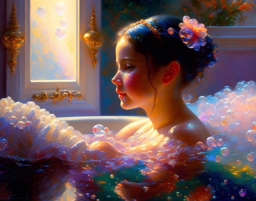 Girl bathing in colorful bubbles in ornate room with warm lighting