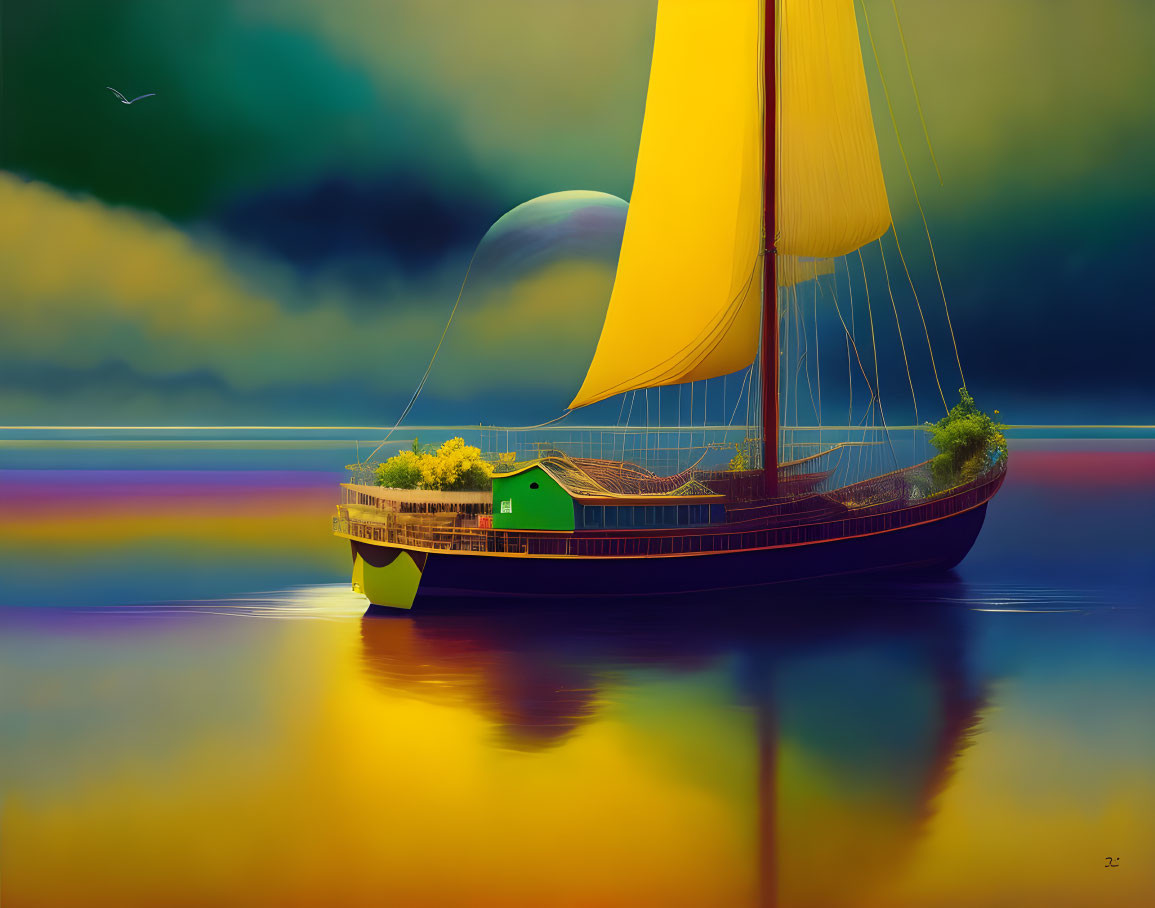 Vibrant surreal boat with yellow sail and house on deck in multicolored sea