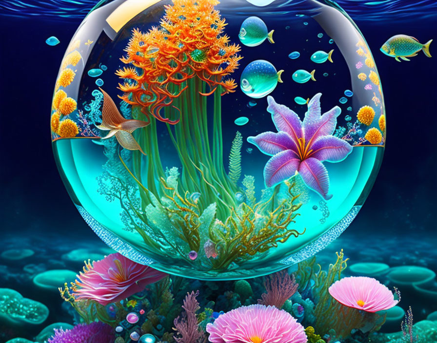 Colorful Underwater Scene with Coral and Fish in Glass Bubble