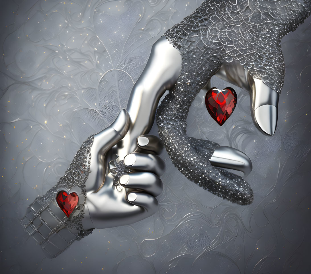 Metallic humanoid hand with red heart-shaped jewels on grey background