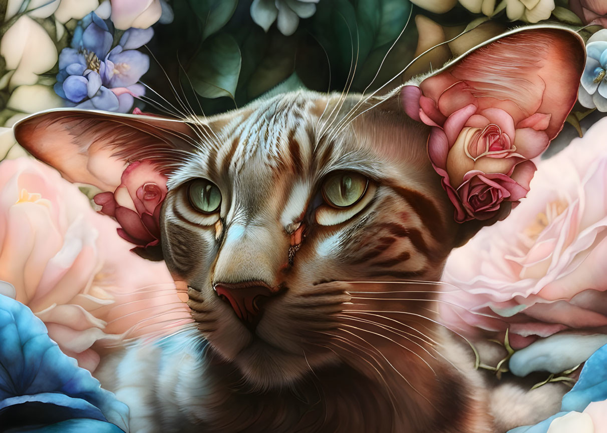 Detailed Cat Illustration with Striking Eyes Among Colorful Flowers