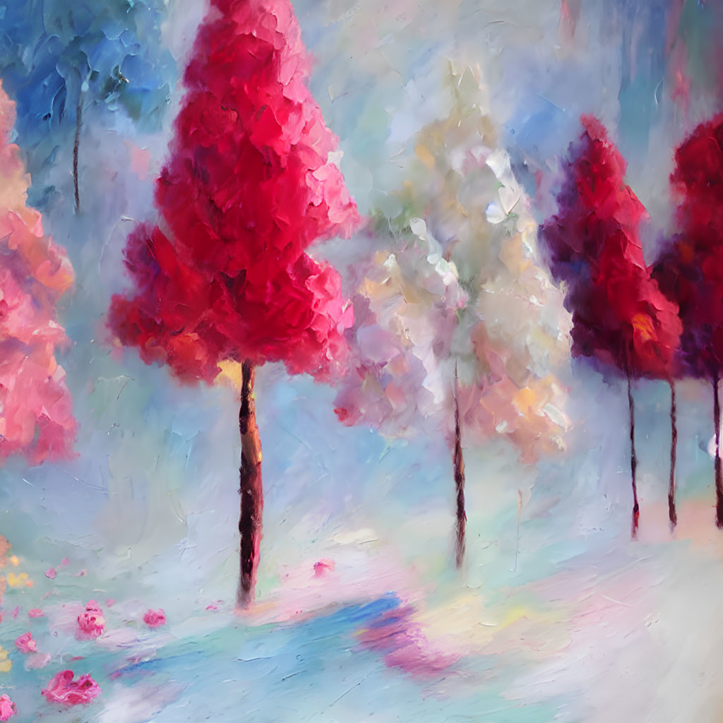 Colorful Impressionist Painting of Tree-Lined Path with Pink and White Foliage