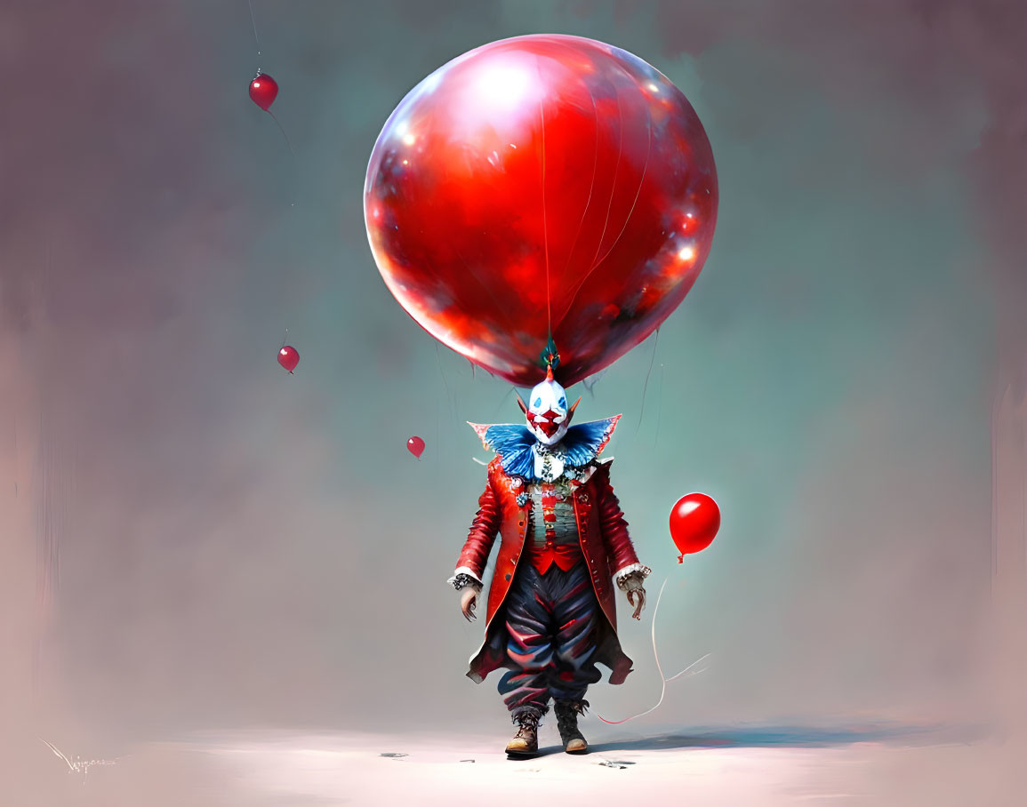 Sinister clown with red balloon head and floating balloons in creepy setting