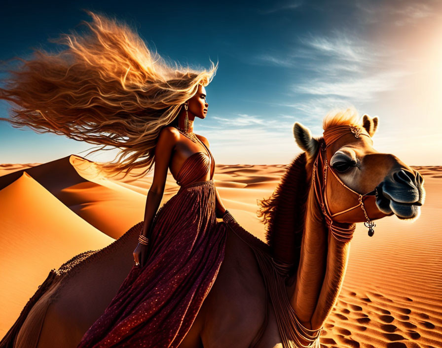Woman in flowing dress riding camel through desert dunes under orange sky