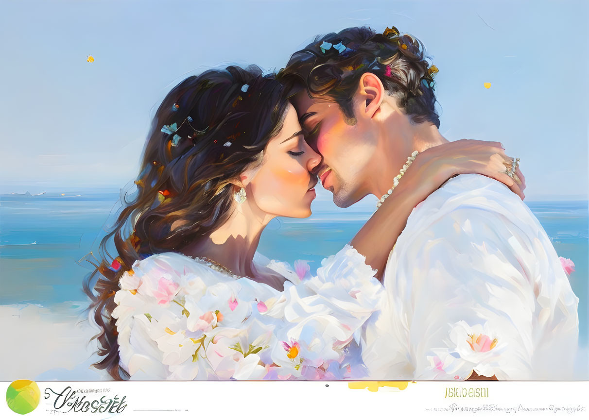 Romantic couple in white embracing on beach backdrop