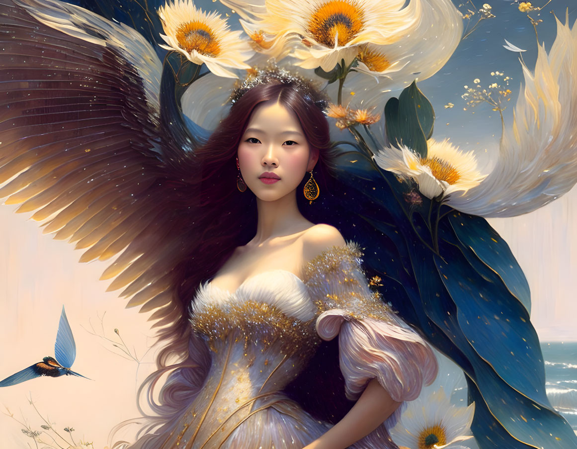 Mystical figure with bird-like wings in serene natural setting