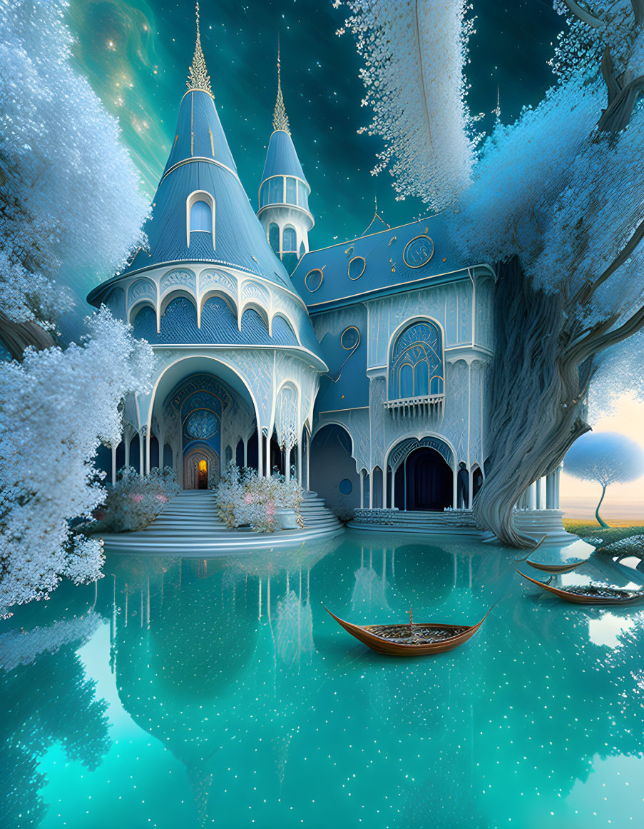 Blue castle with spires and white trees reflected in turquoise lake