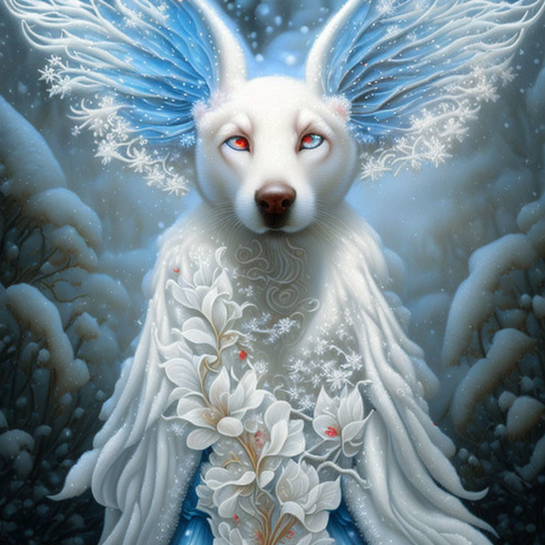 Mystical white creature with blue wings in snowy forest scenery