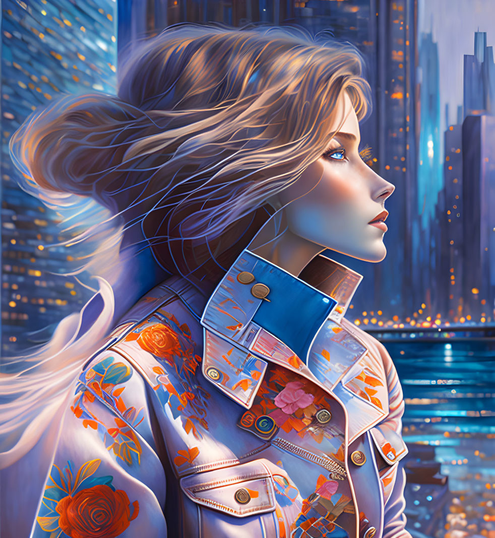 Woman with flowing hair in floral jacket against neon cityscape.