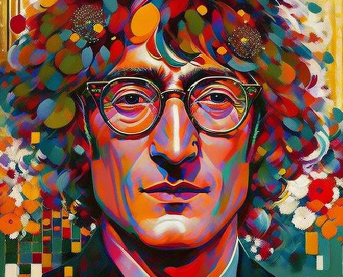 Abstract portrait of male figure with round glasses, vibrant colors, and floral hair motifs.
