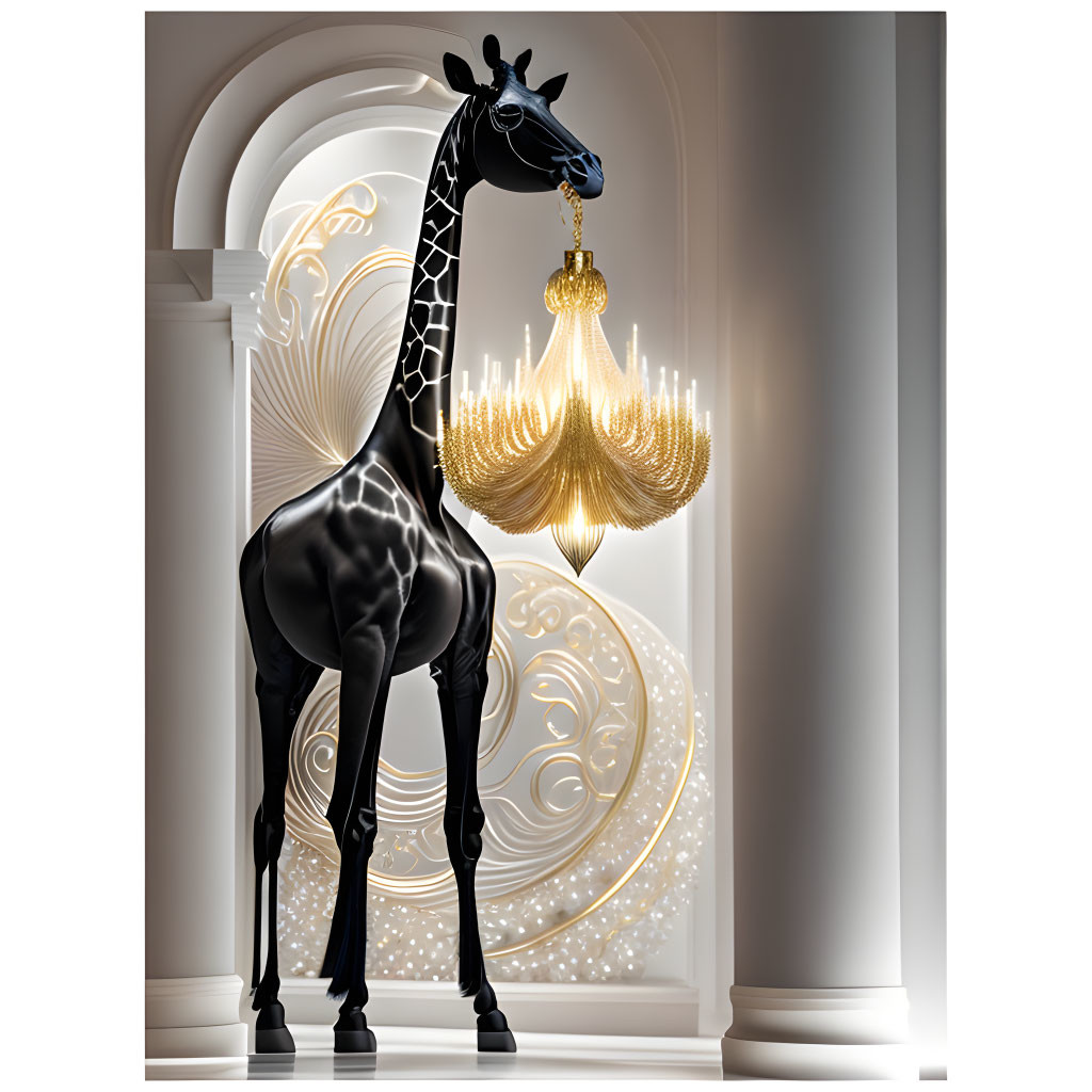 Stylized black giraffe with ornate patterns in elegant room with golden chandelier