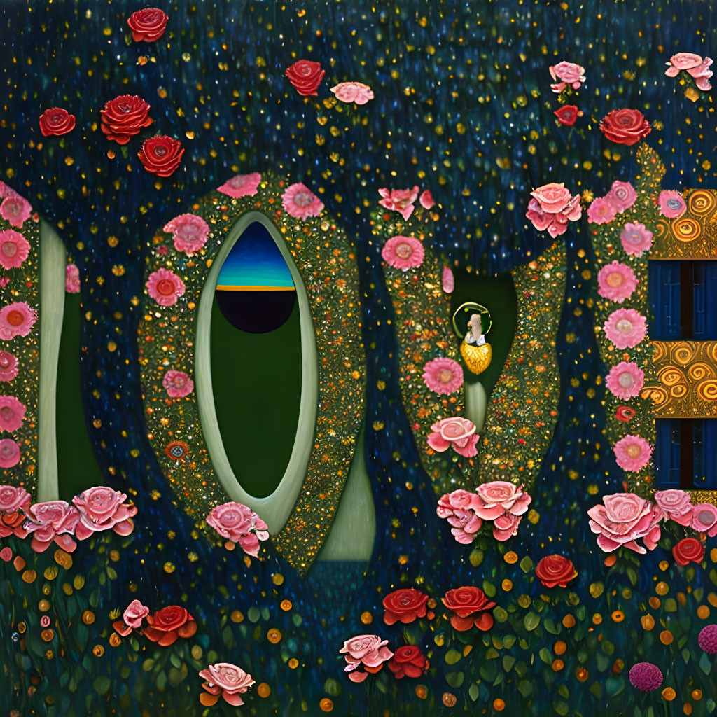 Whimsical painting of green plants, blooming flowers, peacock, starry backdrop, and