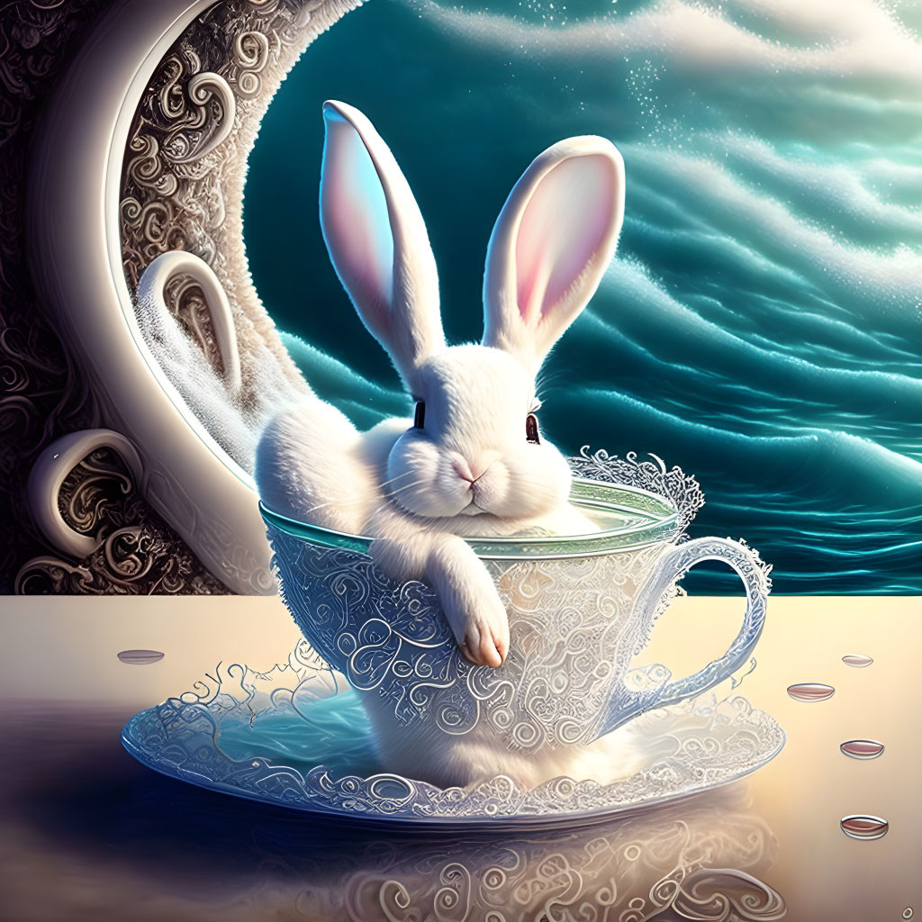 Illustration of white rabbit in teacup on whimsical backdrop