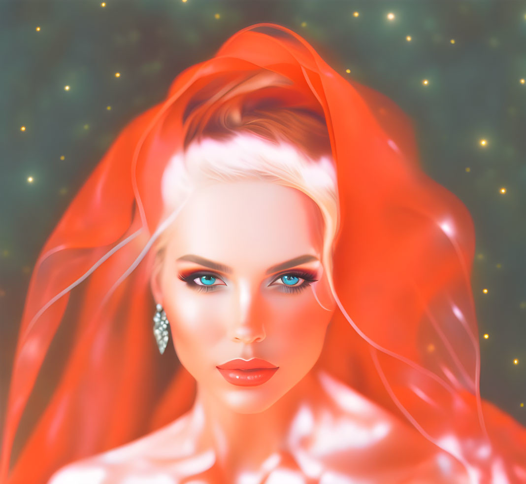 Vibrant red-haired woman in translucent shawl against starry green backdrop