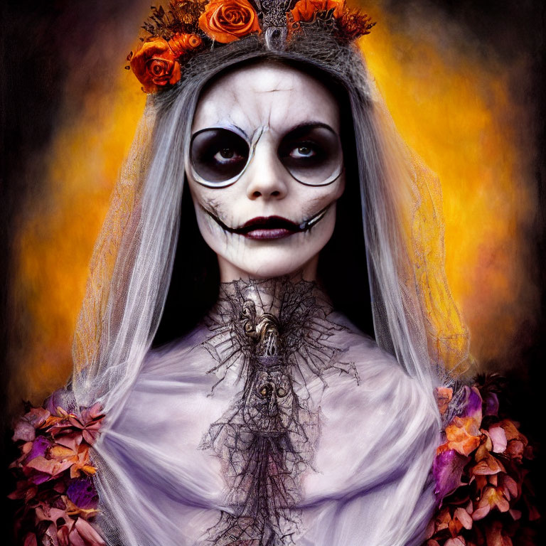 Person with skeletal makeup and veil adorned with orange flowers and leaves on fiery backdrop