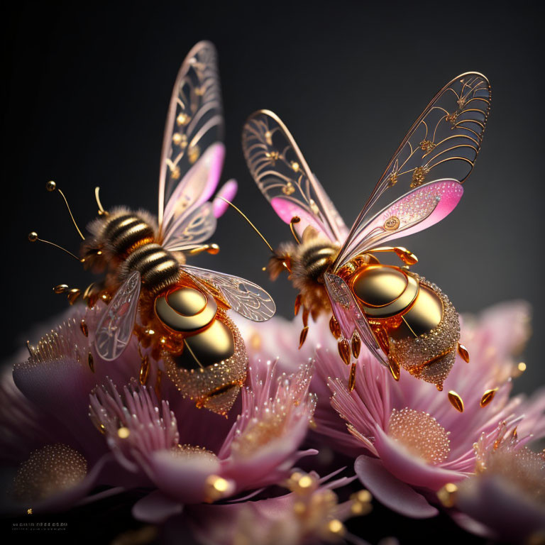 Golden mechanical bees on pink flowers against dark background