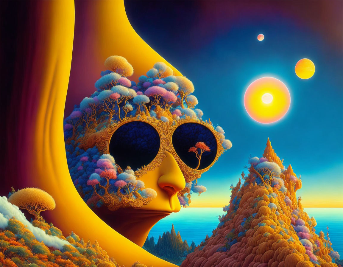 Surreal landscape with moonlike face and tree sunglasses overlooking colorful mountains under vibrant sky