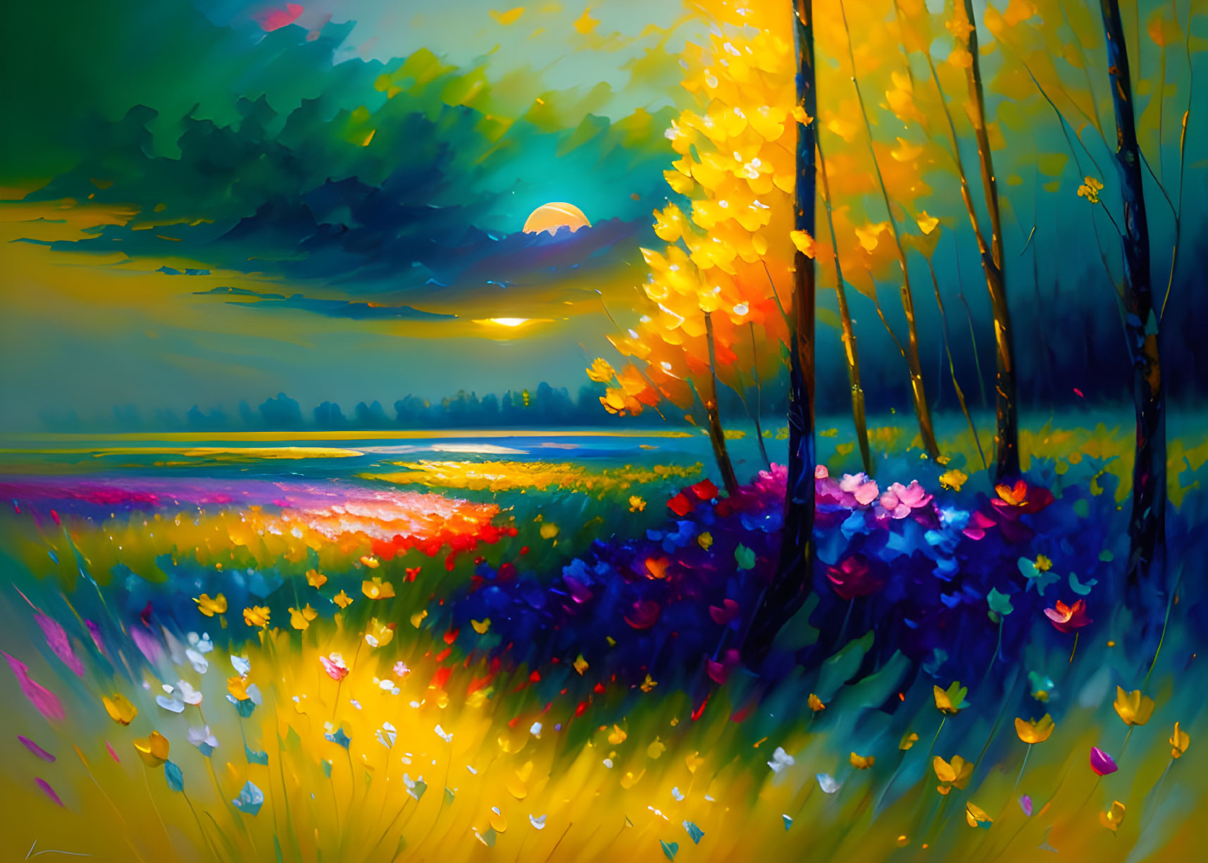 Colorful landscape painting: sunset over wildflower meadow, expressive sky, tree silhouettes