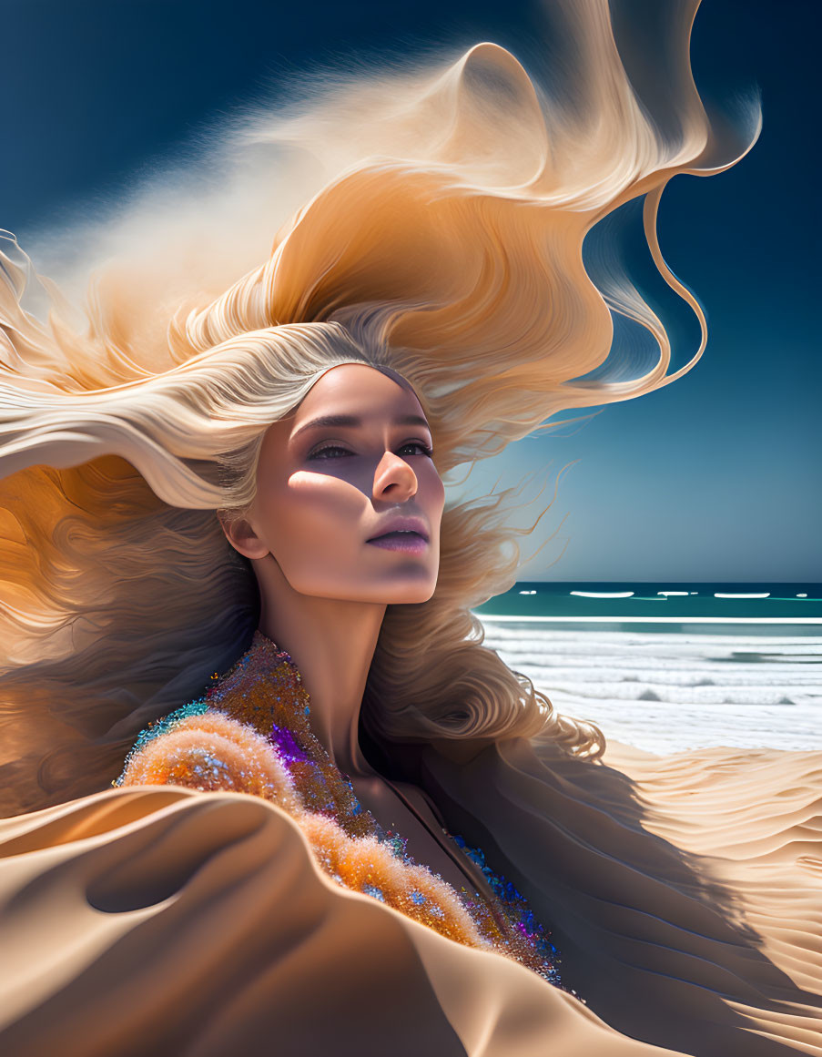 Woman with Golden Hair Gazing at Blue Sky on Sandy Beach