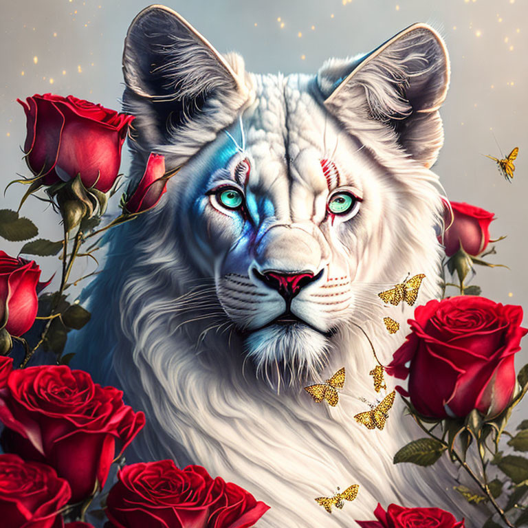 Surreal white tiger with blue eyes, red roses, and golden butterflies on soft backdrop