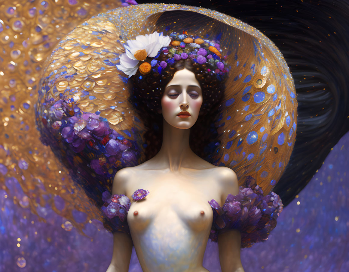 Digital artwork of woman with flowery adornments in cosmic backdrop