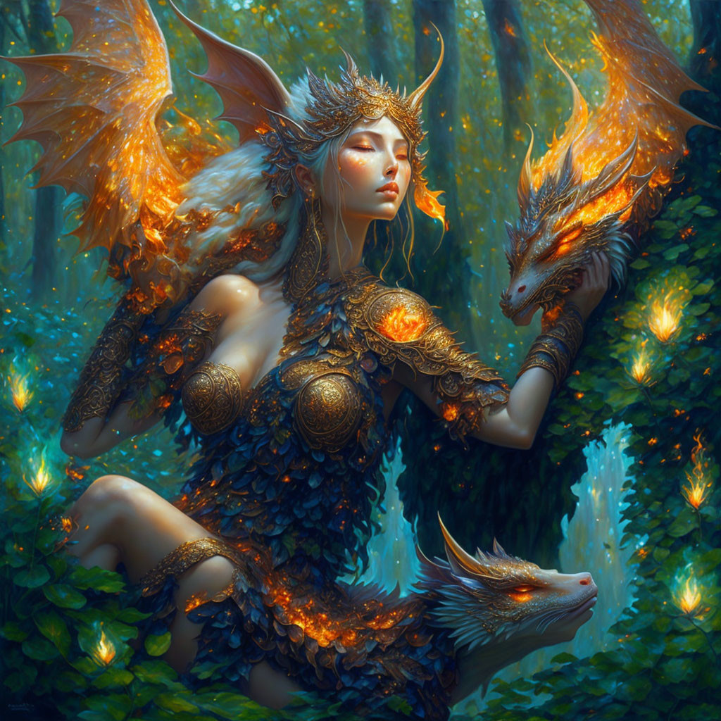 Fantasy Artwork: Woman with Dragon Wings and Armor in Forest
