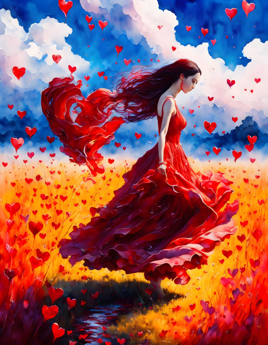 Woman in Red Dress Surrounded by Red Flowers and Hearts under Blue Sky