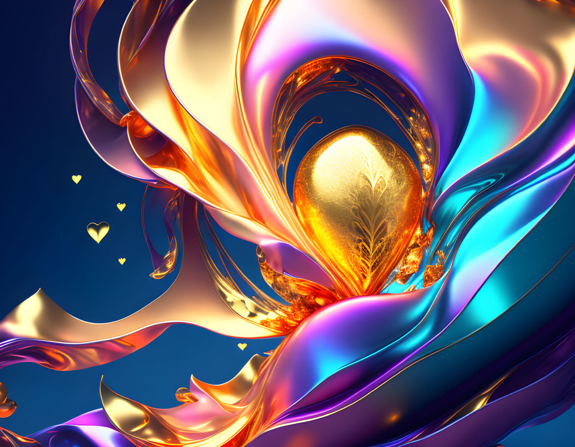 Abstract digital artwork with gold and blue swirling shapes and glowing heart on dark background