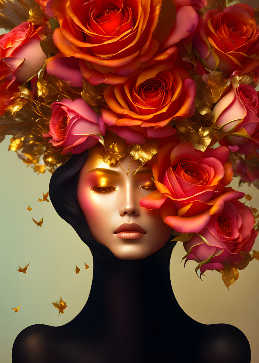Woman with orange rose headdress and butterflies on muted background