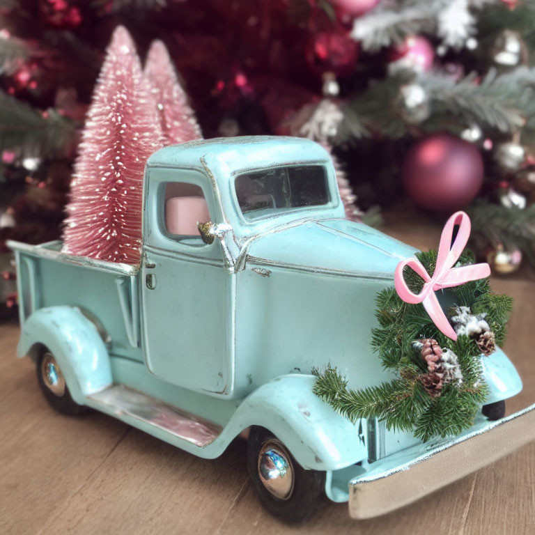 Vintage Light Blue Toy Pickup Truck with Christmas Wreath and Pink Ribbon among Pink Trees