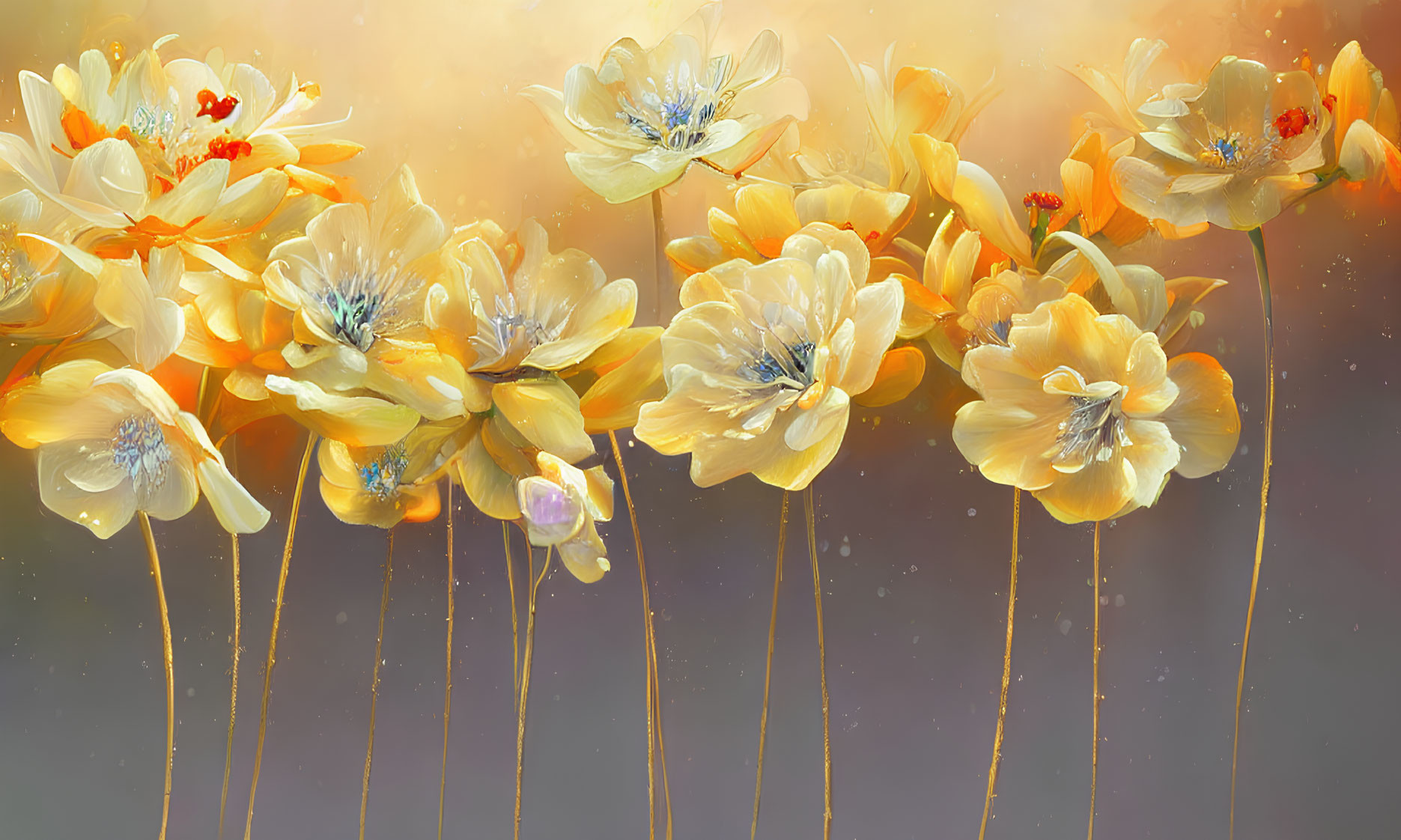 Detailed digital artwork of vibrant yellow-orange flowers on soft-focus background