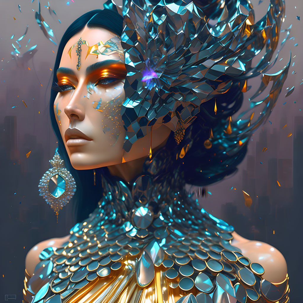 Futuristic digital art portrait of woman with iridescent headpiece.