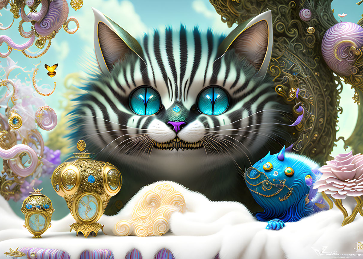 Whimsical digital artwork: Large-eyed striped cat in fantastical setting