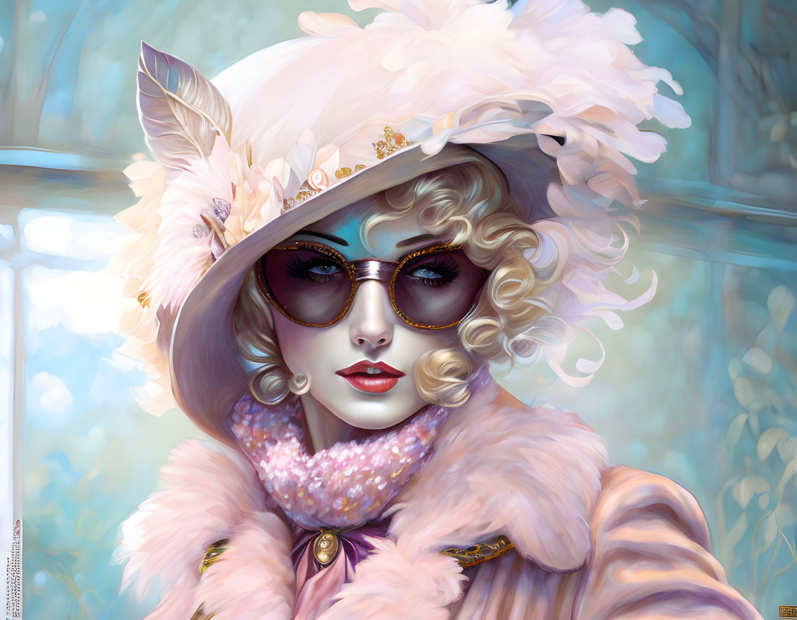 Stylish woman with blonde curly hair in white hat and pink fur coat