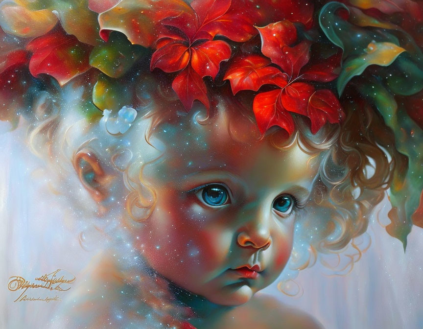 Colorful Artwork: Child with Blue Eyes Surrounded by Ethereal Leaves